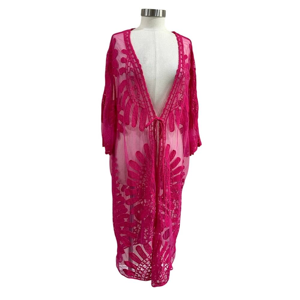 Hot Pink Sheer Lace Boho Swim Cover‎ Up Kimono Resort Wear One Size